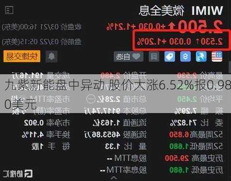 九紫新能盘中异动 股价大涨6.52%报0.980美元