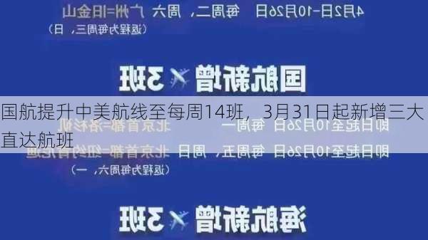 国航提升中美航线至每周14班，3月31日起新增三大直达航班