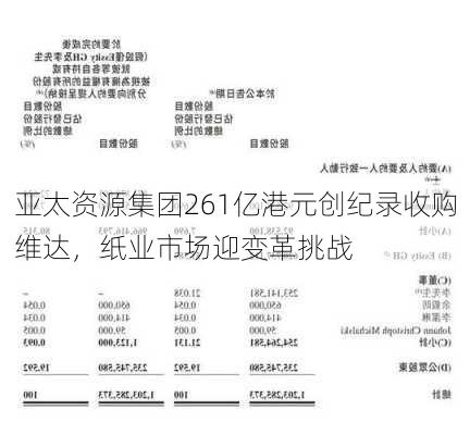 亚太资源集团261亿港元创纪录收购维达，纸业市场迎变革挑战