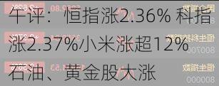 午评：恒指涨2.36% 科指涨2.37%小米涨超12% 石油、黄金股大涨