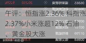 午评：恒指涨2.36% 科指涨2.37%小米涨超12% 石油、黄金股大涨