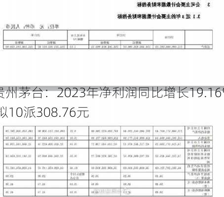 贵州茅台：2023年净利润同比增长19.16% 拟10派308.76元