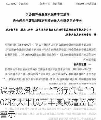 误导投资者，“飞行汽车”300亿大牛股万丰奥威遭监管警示