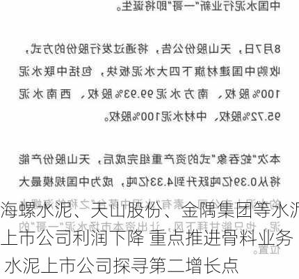 海螺水泥、天山股份、金隅集团等水泥上市公司利润下降 重点推进骨料业务 水泥上市公司探寻第二增长点