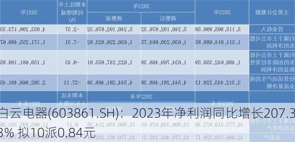 白云电器(603861.SH)：2023年净利润同比增长207.33% 拟10派0.84元