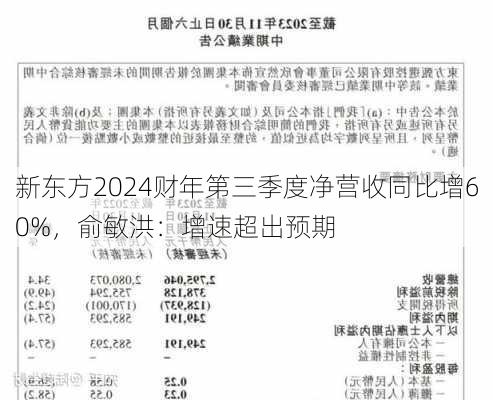 新东方2024财年第三季度净营收同比增60%，俞敏洪：增速超出预期