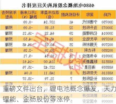 重磅文件出台，锂电池概念爆发，天力锂能、金杨股份等涨停