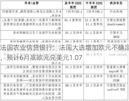 法国农业信贷银行：法国大选增加欧元不确定性，预计6月底欧元兑美元1.07