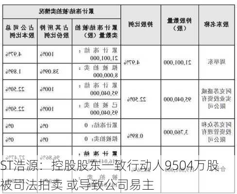 ST浩源：控股股东一致行动人9504万股被司法拍卖 或导致公司易主