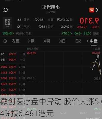 微创医疗盘中异动 股价大涨5.04%报6.481港元