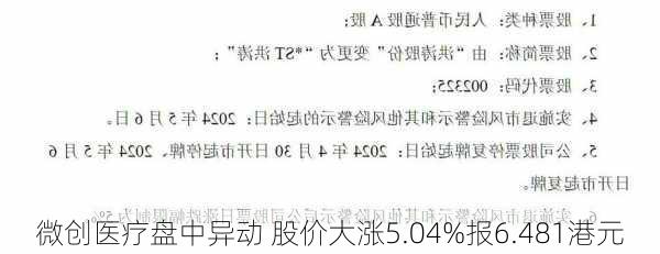 微创医疗盘中异动 股价大涨5.04%报6.481港元