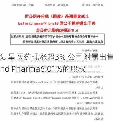 复星医药现涨超3% 公司附属出售Gland Pharma6.01%的股权