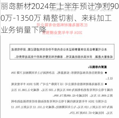 丽岛新材2024年上半年预计净利900万-1350万 精整切割、来料加工业务销量下降