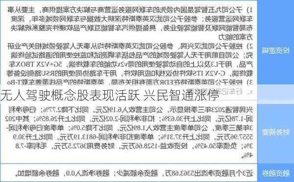 无人驾驶概念股表现活跃 兴民智通涨停