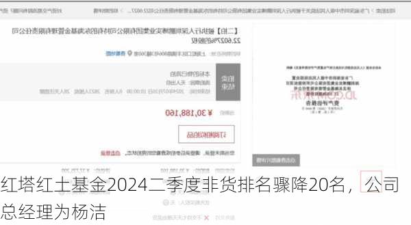 红塔红土基金2024二季度非货排名骤降20名，公司总经理为杨洁