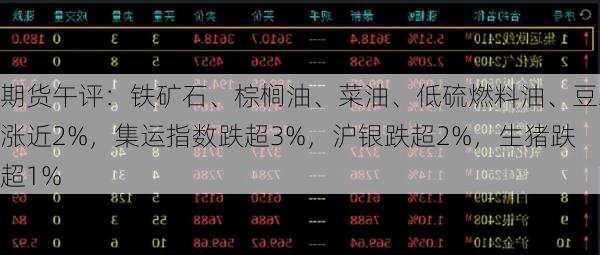 期货午评：铁矿石、棕榈油、菜油、低硫燃料油、豆二涨近2%，集运指数跌超3%，沪银跌超2%，生猪跌超1%