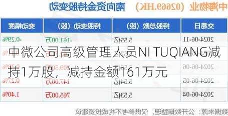 中微公司高级管理人员NI TUQIANG减持1万股，减持金额161万元