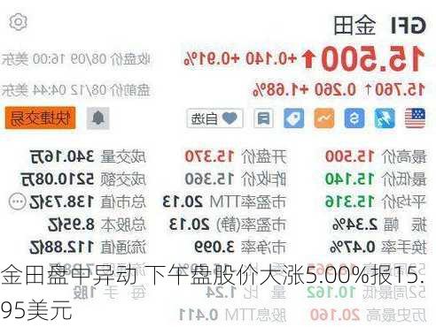 金田盘中异动 下午盘股价大涨5.00%报15.95美元