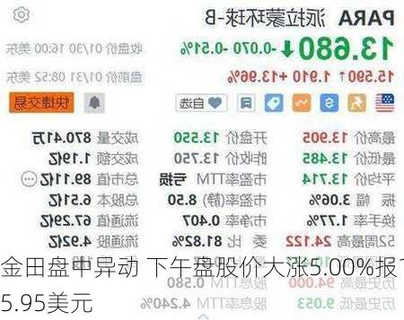 金田盘中异动 下午盘股价大涨5.00%报15.95美元