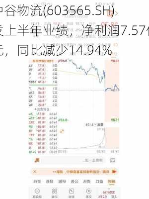 中谷物流(603565.SH)发上半年业绩，净利润7.57亿元，同比减少14.94%