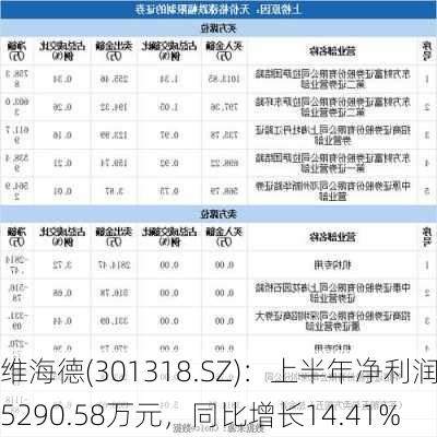 维海德(301318.SZ)：上半年净利润5290.58万元，同比增长14.41%