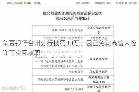 华夏银行台州分行被罚30万：因已免职高管未经许可实际履职