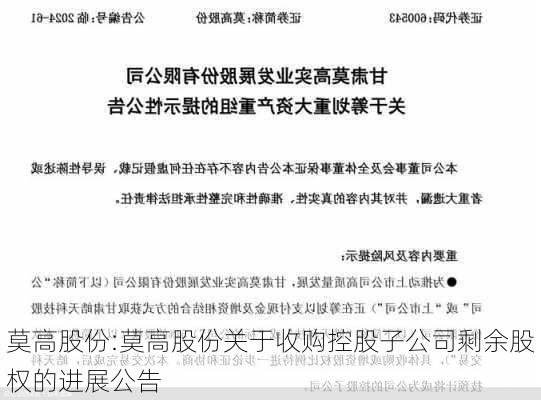 莫高股份:莫高股份关于收购控股子公司剩余股权的进展公告