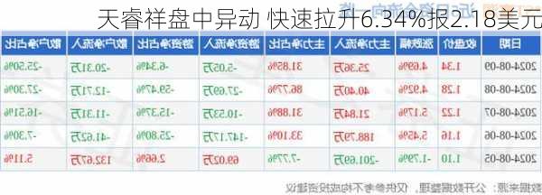 天睿祥盘中异动 快速拉升6.34%报2.18美元