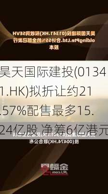 昊天国际建投(01341.HK)拟折让约21.57%配售最多15.24亿股 净筹6亿港元