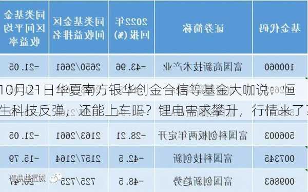 10月21日华夏南方银华创金合信等基金大咖说：恒生科技反弹，还能上车吗？锂电需求攀升，行情来了？