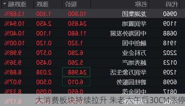 大消费板块持续拉升 朱老六午后30CM涨停