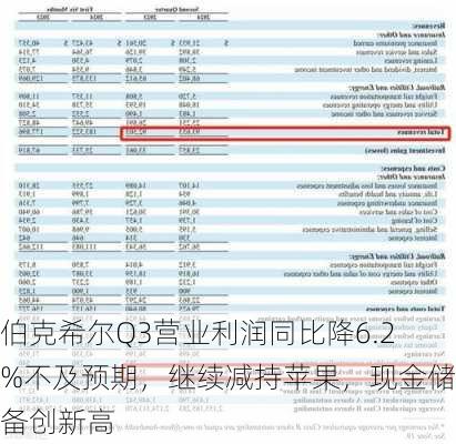 伯克希尔Q3营业利润同比降6.2%不及预期，继续减持苹果，现金储备创新高