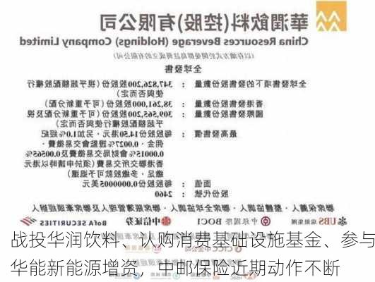 战投华润饮料、认购消费基础设施基金、参与华能新能源增资，中邮保险近期动作不断