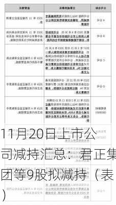 11月20日上市公司减持汇总：君正集团等9股拟减持（表）