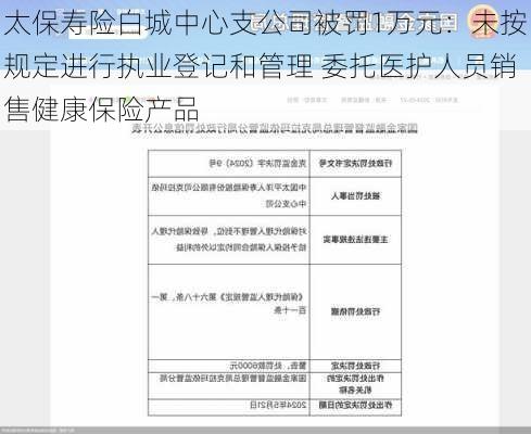 太保寿险白城中心支公司被罚1万元：未按规定进行执业登记和管理 委托医护人员销售健康保险产品