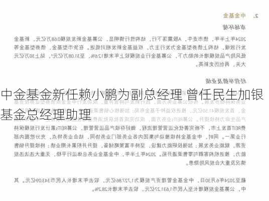 中金基金新任赖小鹏为副总经理 曾任民生加银基金总经理助理